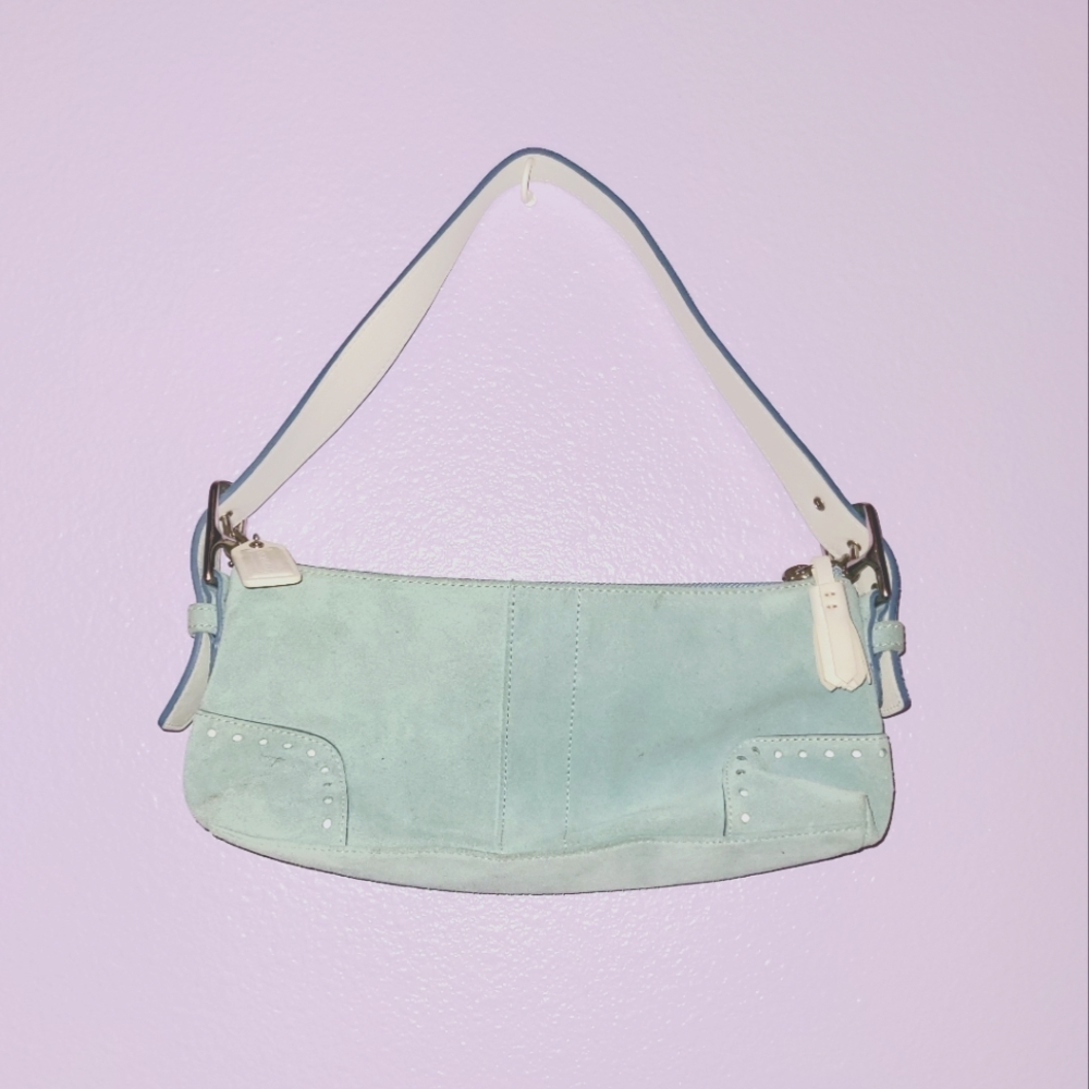 Coach Hampton Vintage Teal Suede White Leather Tassel Hobo Shoulder Purse